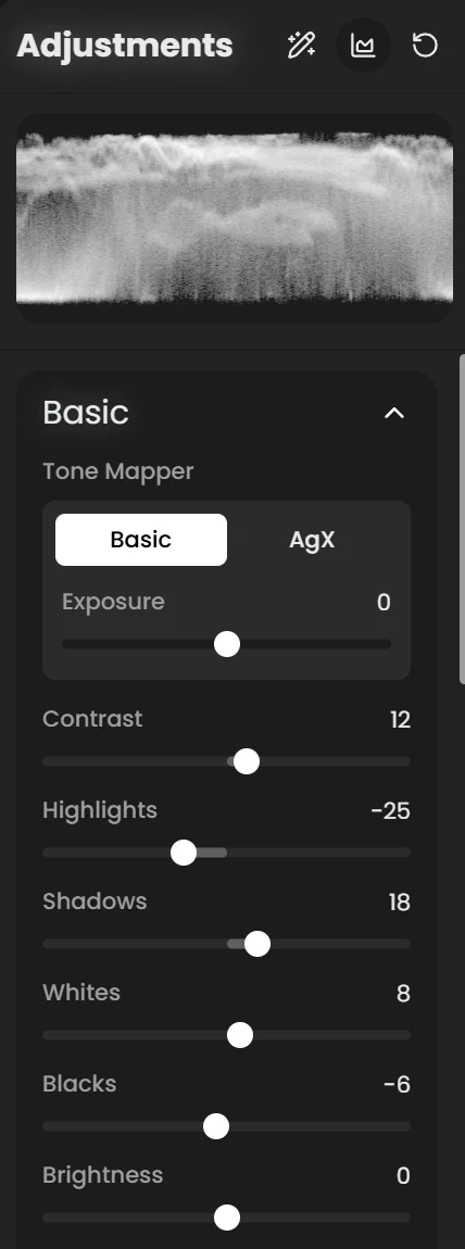 Adjustments panel with the Basic section showing the Tone Mapper switch, Exposure, Contrast, Highlights, Shadows, Whites, Blacks and Brightness
