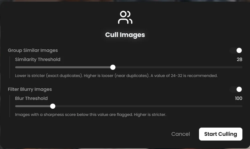 Cull Images dialog with Group Similar Images and Similarity Threshold 28, Filter Blurry Images and Blur Threshold 100