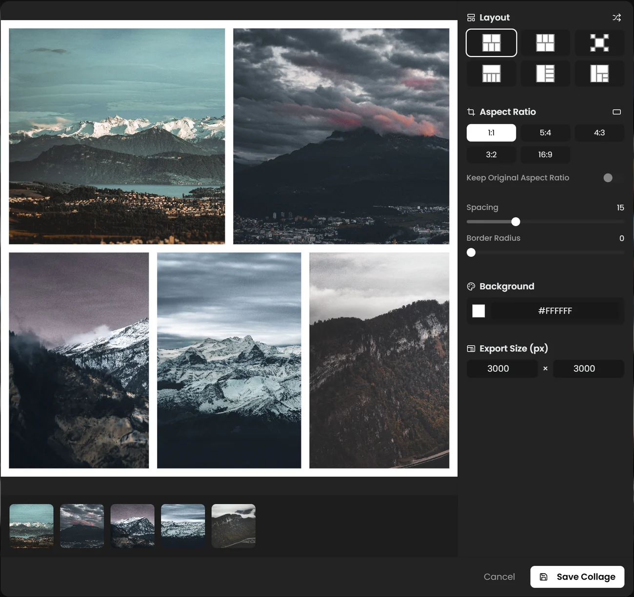 Collage editor with five mountain photos in a grid on a white background, and Layout, Aspect Ratio, Spacing, Border Radius, Background and Export Size controls