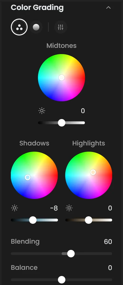 Color Grading with three color wheels for Midtones, Shadows and Highlights, luminance sliders under each wheel, and Blending and Balance sliders