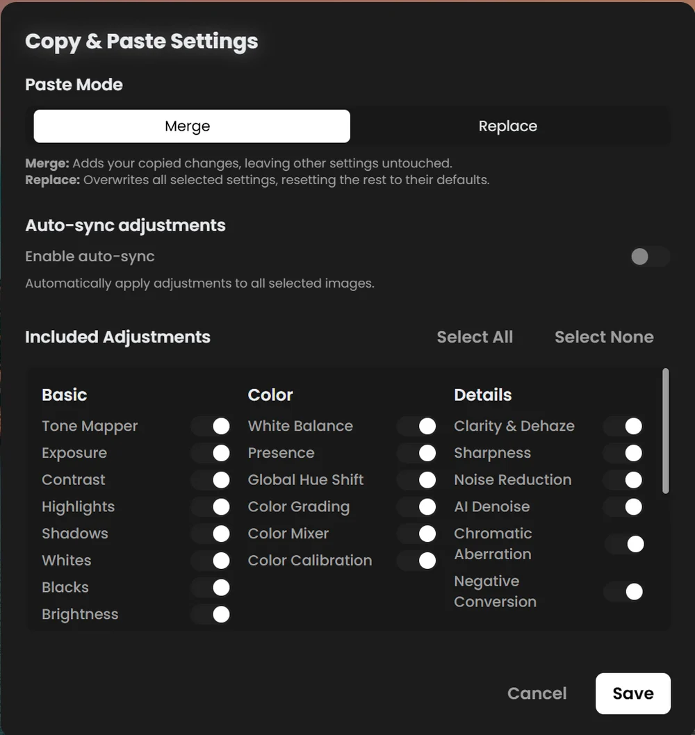 Copy and Paste Settings dialog with Paste Mode Merge or Replace, Auto-sync switch and switches for each group of adjustments