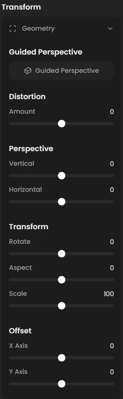Geometry tools: Guided Perspective button and sliders for Distortion, Perspective, Transform and Offset