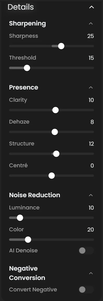 Details section with Sharpening, Presence, Noise Reduction with the AI Denoise switch, and Negative Conversion