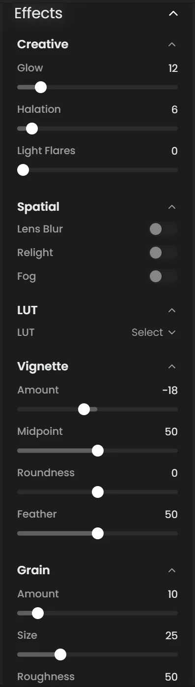 Effects section with Creative, Spatial, LUT, Vignette and Grain tools