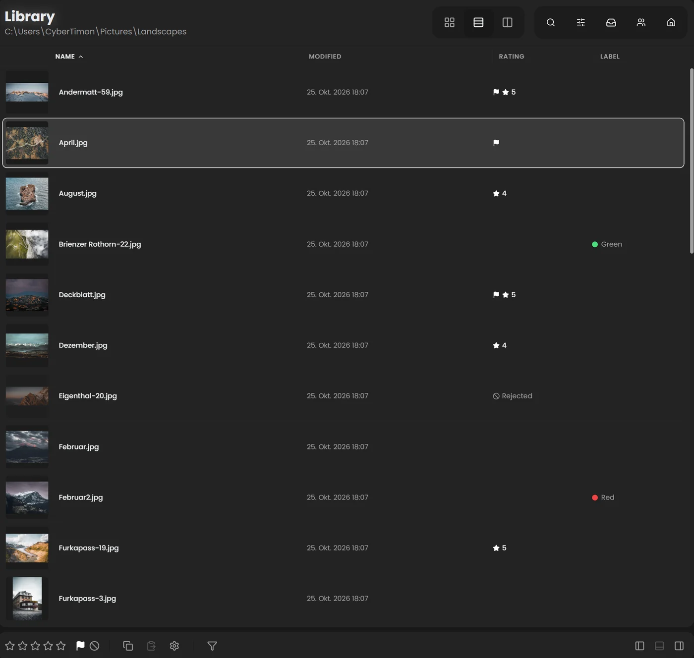 Library List View with columns for name, modified date, rating and label