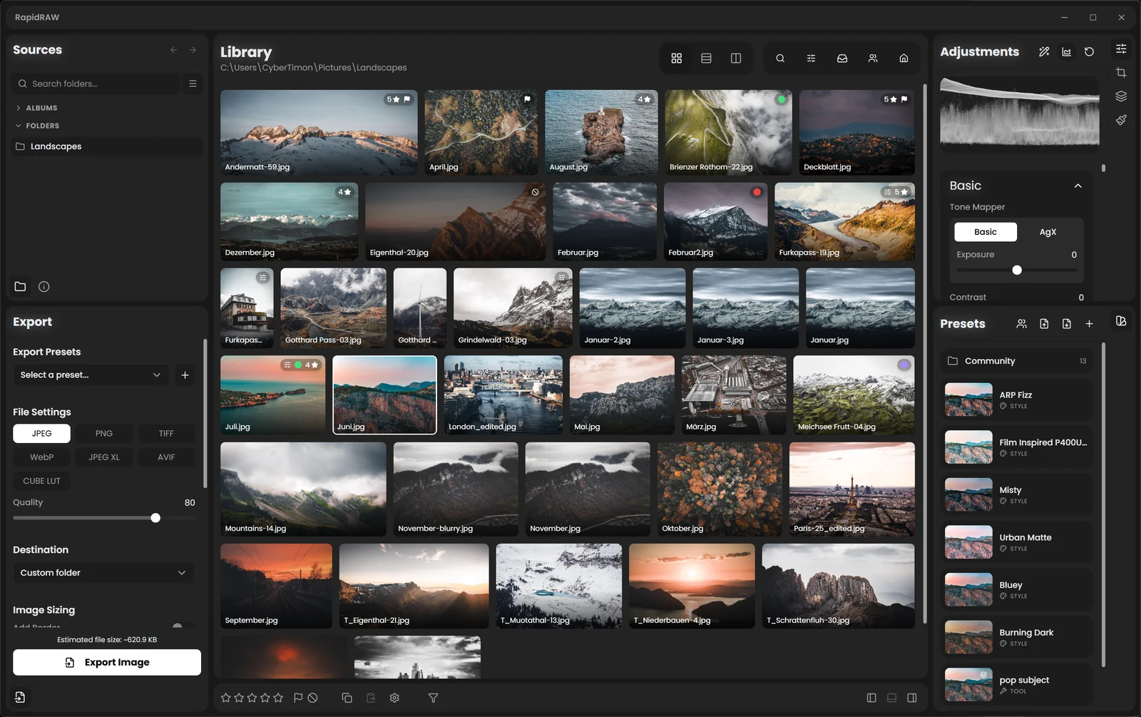 Library with both sides split: Sources above Export on the left, Adjustments above Presets on the right