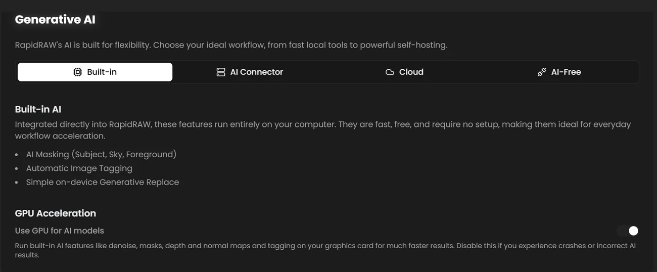 Generative AI settings with the Built-in, AI Connector, Cloud and AI-Free modes and the GPU Acceleration switch