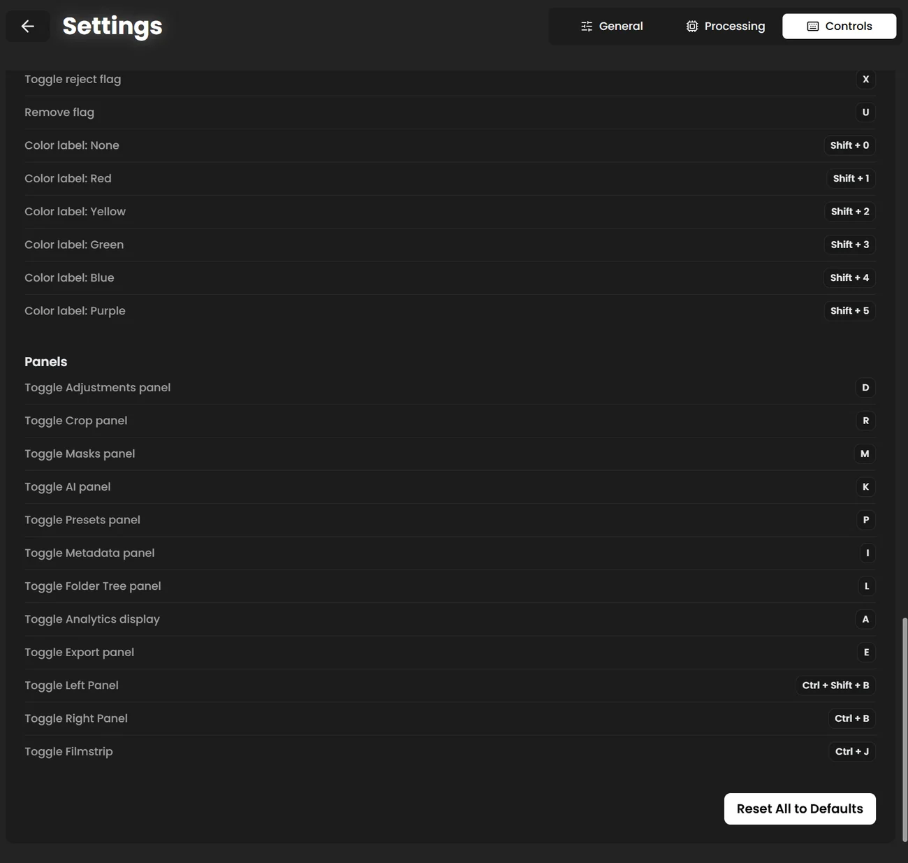 Keyboard Controls list with the Rating and Labels and Panels groups, each action with its shortcut, and the Reset All to Defaults button