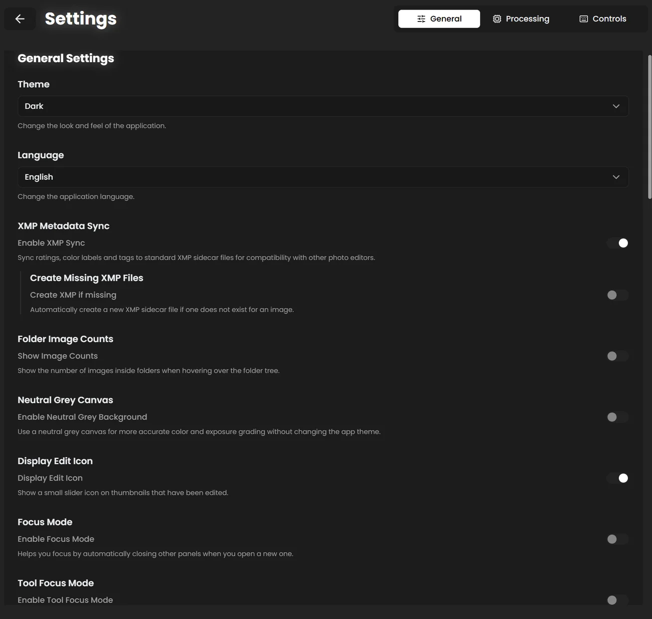 Settings panel on the General tab showing Theme, Language, XMP Metadata Sync, Folder Image Counts and Neutral Grey Canvas