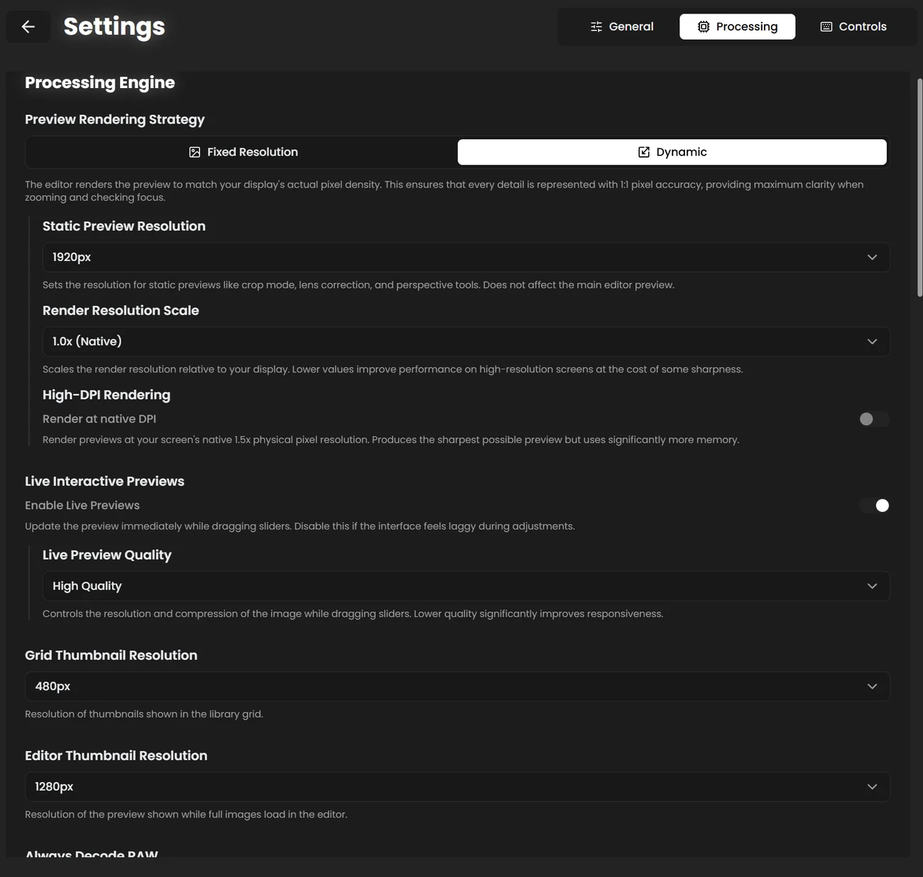 Processing tab with the Preview Rendering Strategy set to Dynamic, and options for resolution, live previews and thumbnails