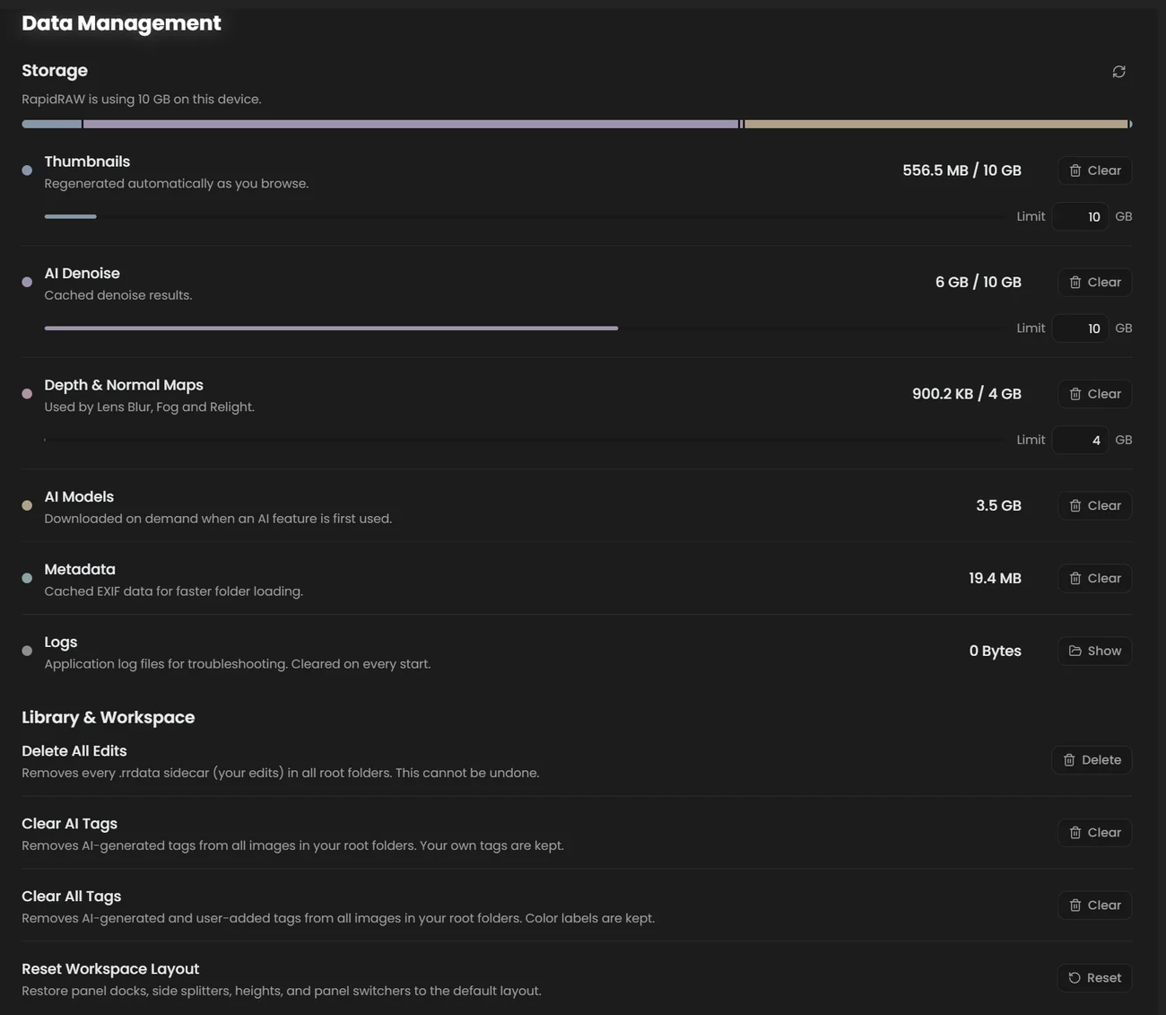 Data Management section showing total storage use and rows for Thumbnails, AI Denoise, Depth and Normal Maps, AI Models, Metadata and Logs