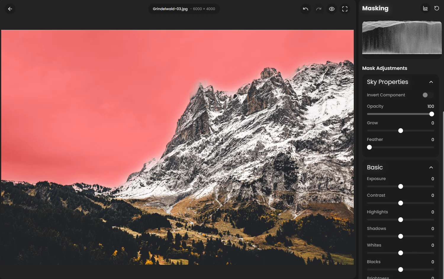 Sky mask on a mountain photo, the whole sky shown in red