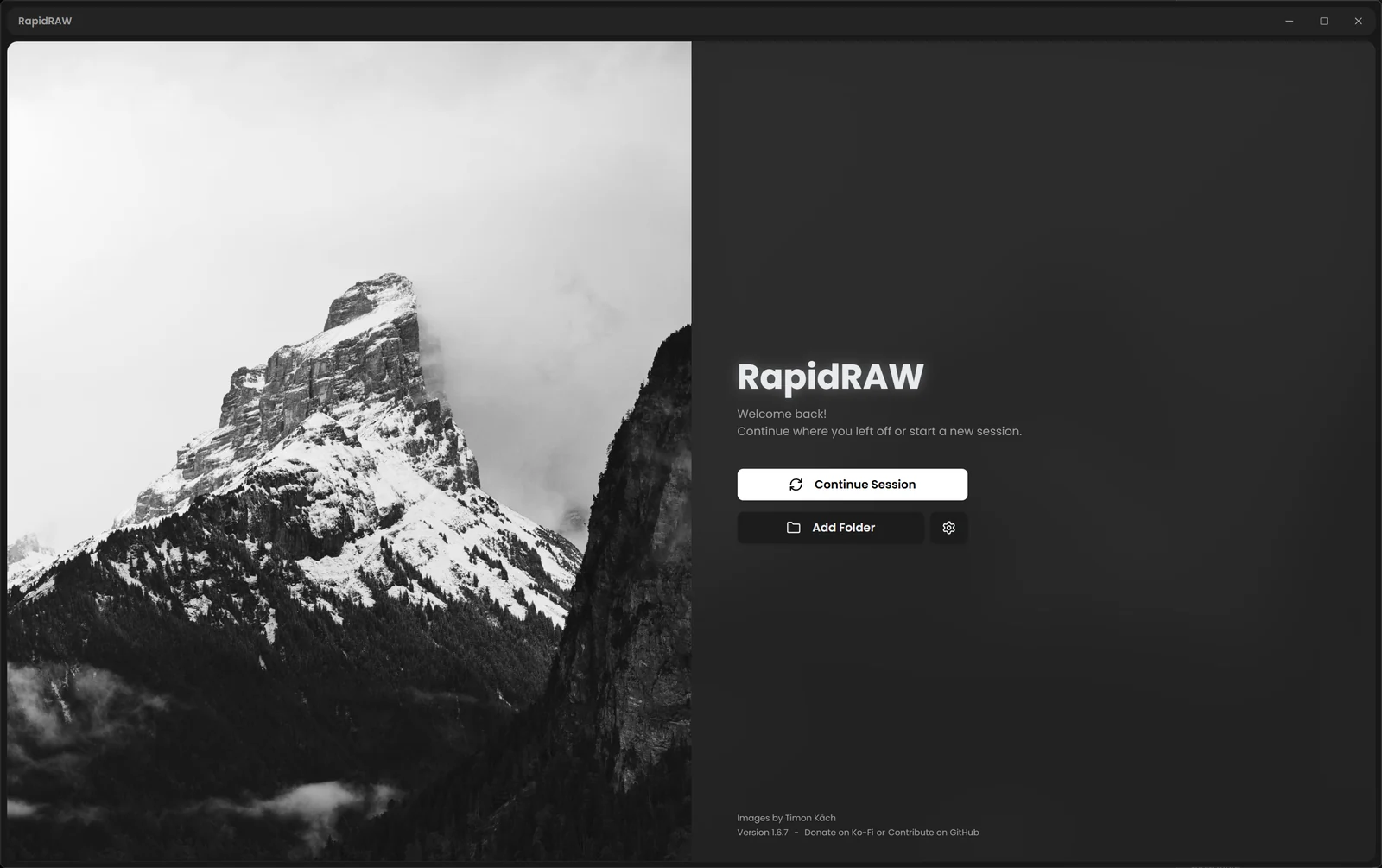 RapidRAW start screen with a mountain photo on the left and Continue Session, Add Folder and Settings buttons on the right