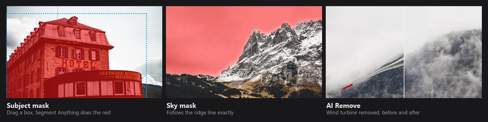 A hotel selected with a Subject mask, a mountain sky selected with a Sky mask, and a wind turbine split before and after AI Remove