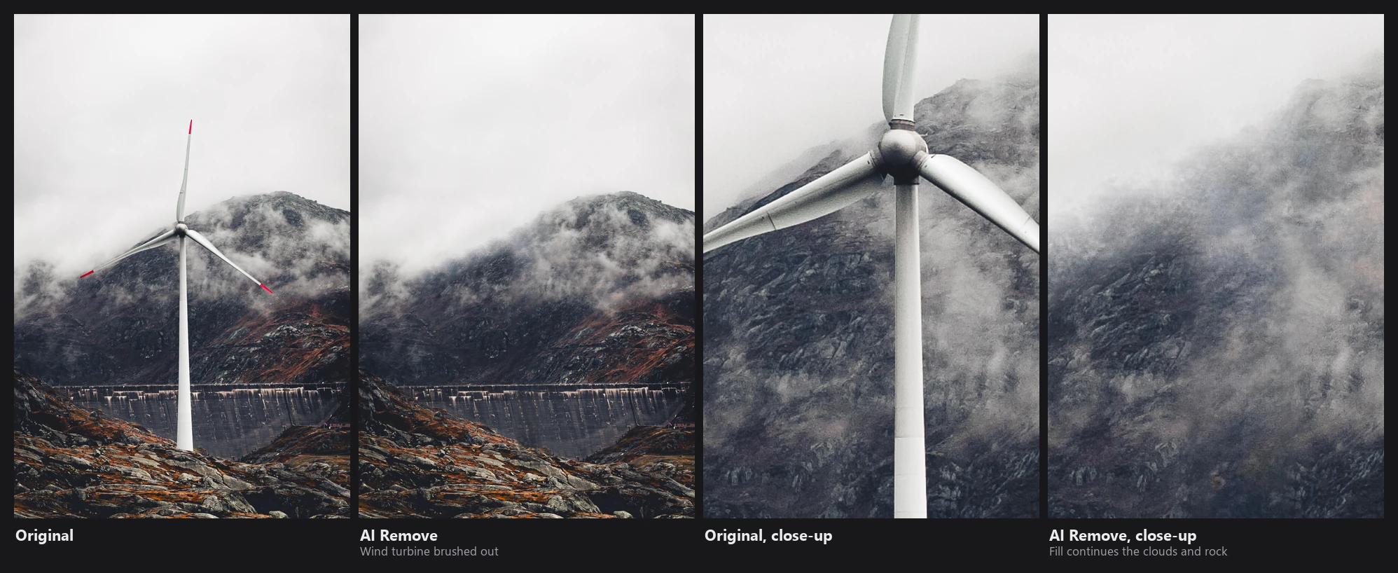 A wind turbine in front of a cloudy mountain: the original, the same photo with the turbine removed, and close-ups of both showing the filled area