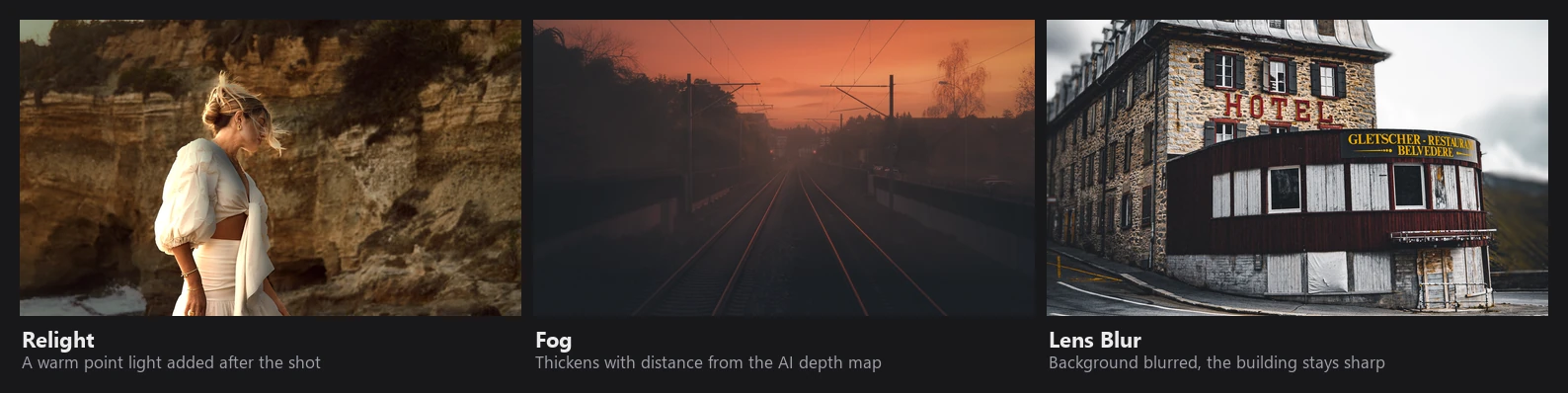 Three results from RapidRAW: a beach portrait lit by a warm added point light, a railway at sunset with light fog toward the distance, and a hotel with the hills behind it blurred by Lens Blur