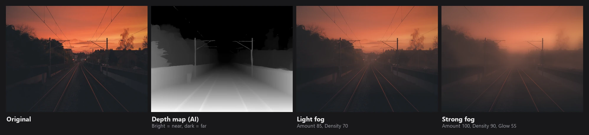 Railway tracks at sunset: original, the depth map, light fog and strong fog that thickens toward the distance