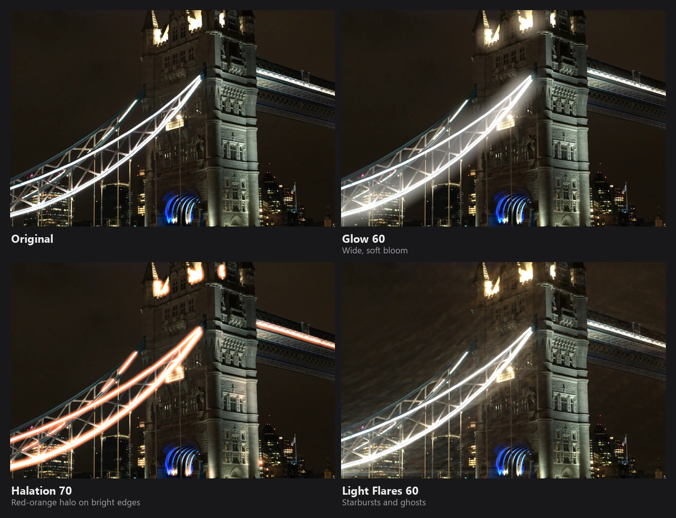 Four crops of a London night scene: original, Glow, Halation and Light Flares