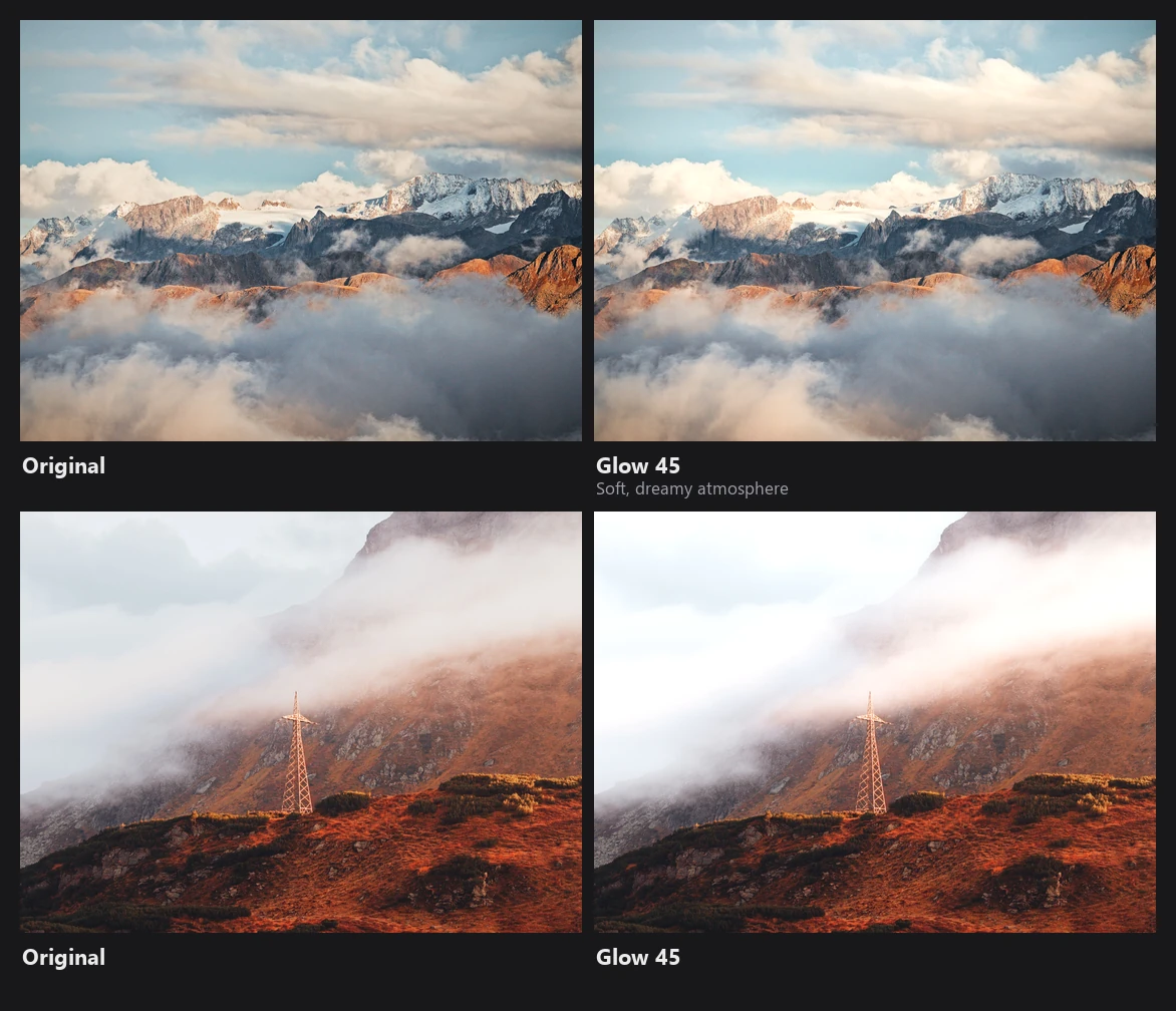 Two drone landscapes, each shown without and with Glow 45, adding a soft dreamy light