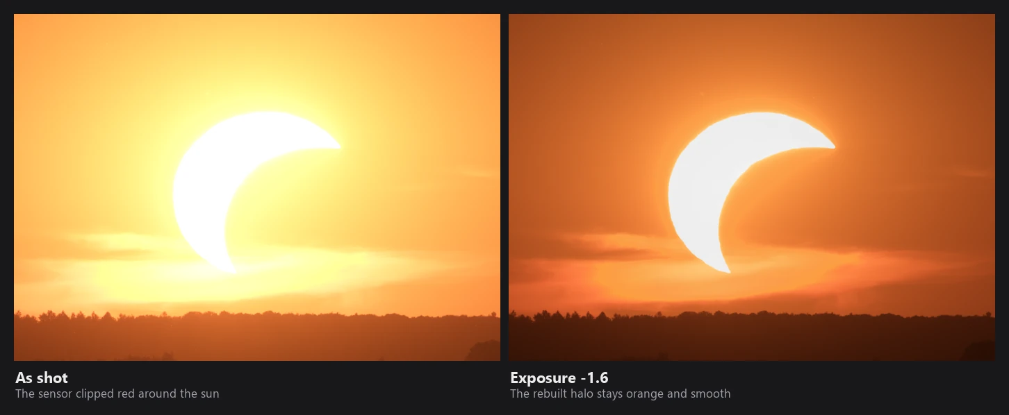 A partial solar eclipse at sunset: as shot, and with the exposure pulled down 1.6 stops