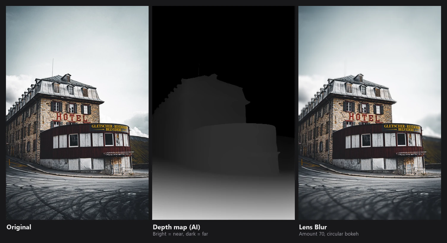 Hotel building: original, depth map, and with lens blur on the road in front and the hills behind