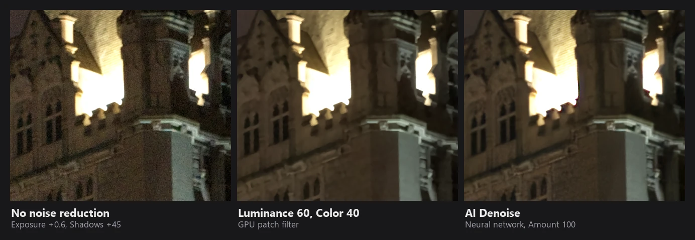 Three crops of a London night scene: noisy without noise reduction, cleaner with Luminance 60 and Color 40, clean and detailed with AI Denoise