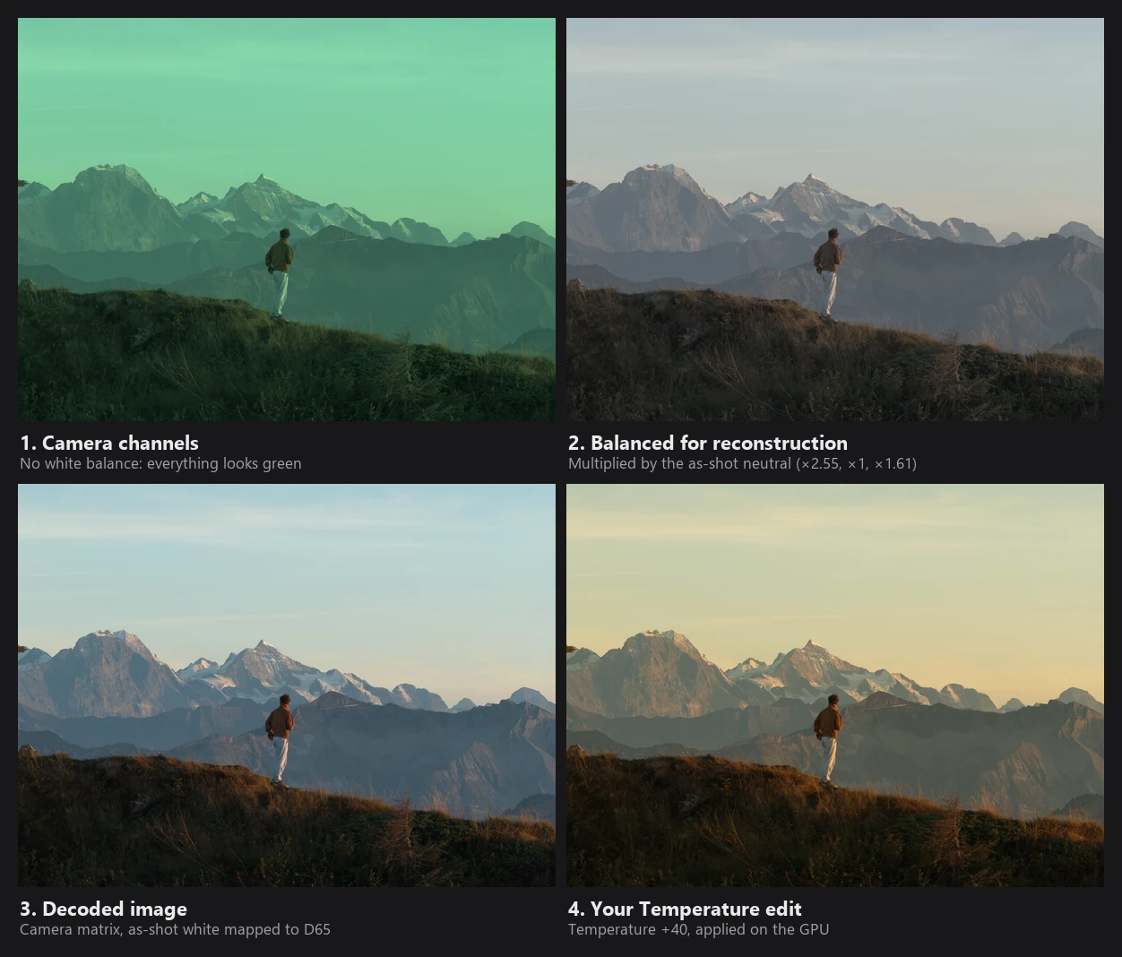Four stages of the same drone RAW of a person on a ridge in front of alpine peaks: the camera channels with a strong green cast, the same data balanced by the as-shot multipliers but dull, the decoded image with natural colors, and a warmer version with Temperature +40
