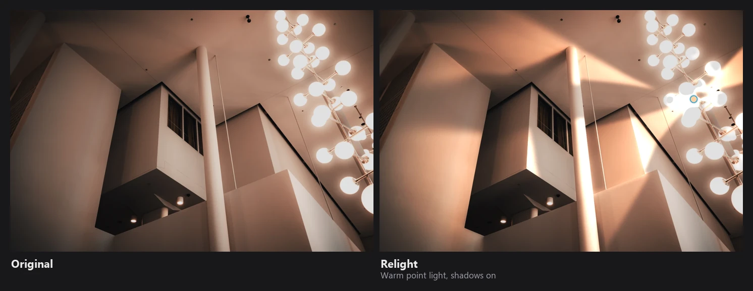 An interior with a chandelier: the original, and the relit version where a point light in the chandelier casts shadows of the pillar and blocks onto the walls