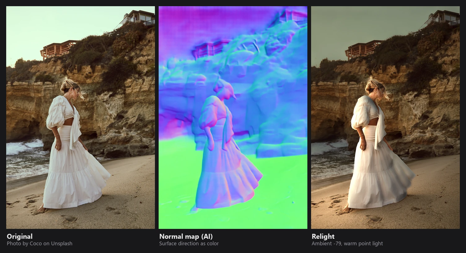 Original photo, the AI normal map, and the relit photo with a warm point light