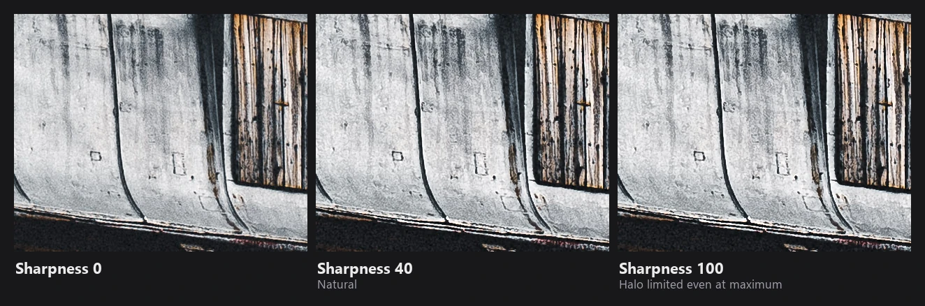 Three crops of a stone wall: soft at Sharpness 0, crisp at 40, very crisp at 100 without visible halos